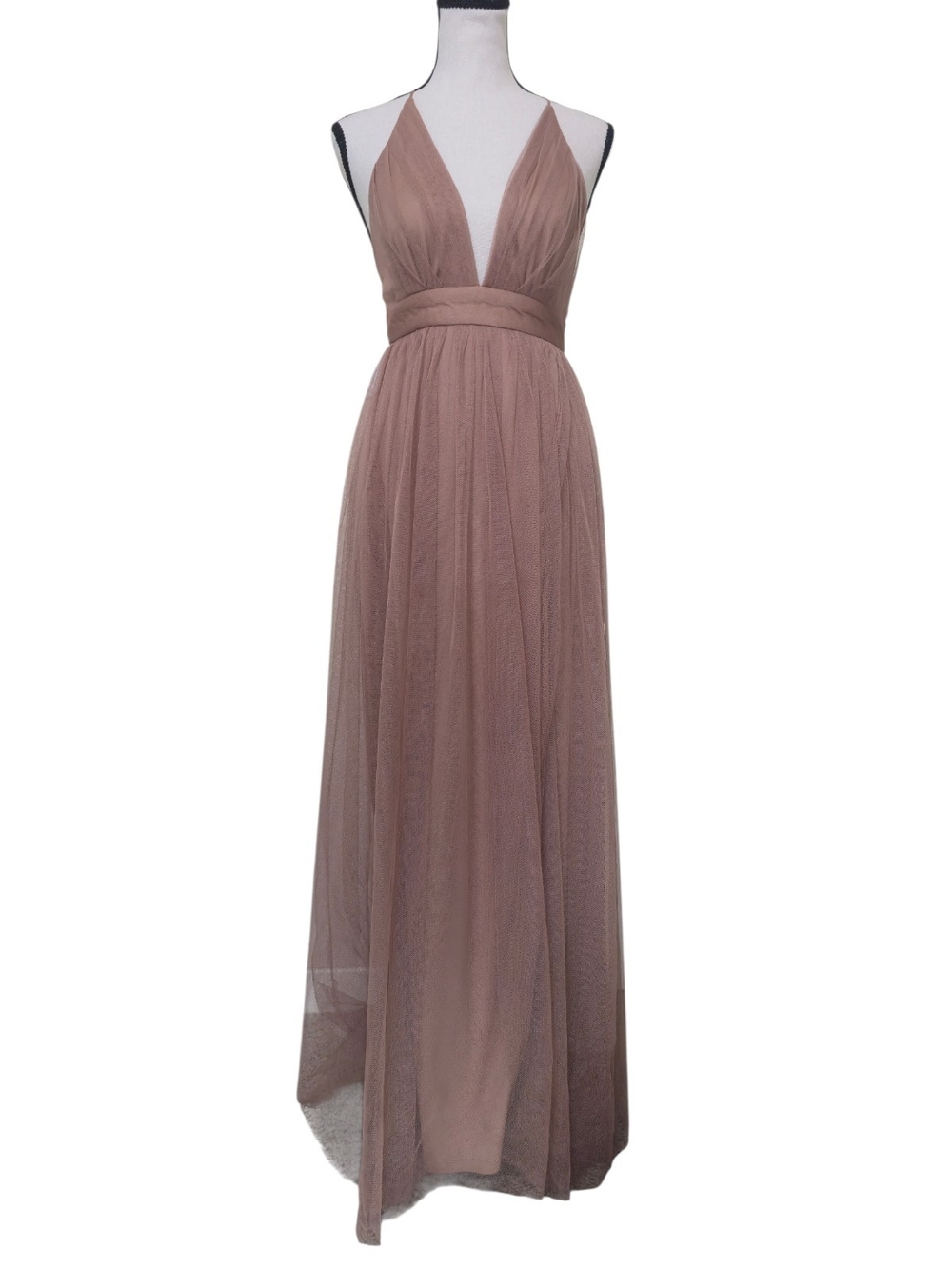 Windsor Elisabeth Pleated Tulle Formal Dress Maxi Gown XS Taupe Plunge Prom Hoco
